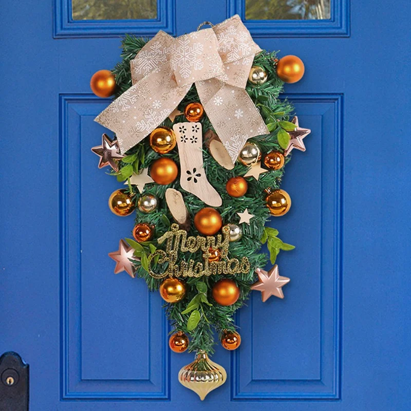 Merry Christmas Balls Bow Hanging Ornament Inverted Xmas Tree Front Door Decor Gift