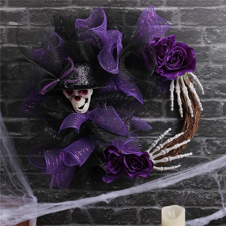 Party Skull Couronne de Squelette Obsédante Squelette Couronne de Couronne de Porte Halloween Decoration - Violet