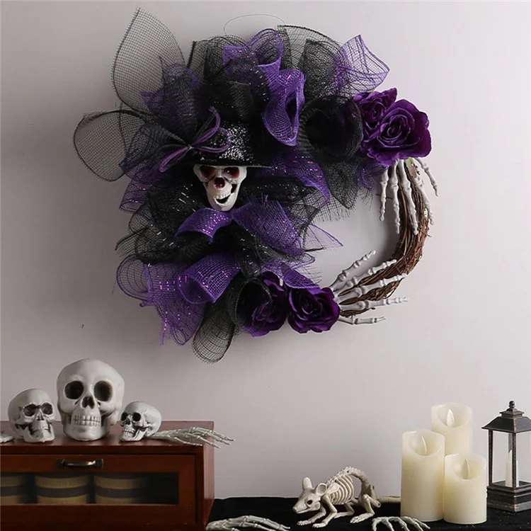 Party Skull Couronne de Squelette Obsédante Squelette Couronne de Couronne de Porte Halloween Decoration - Violet