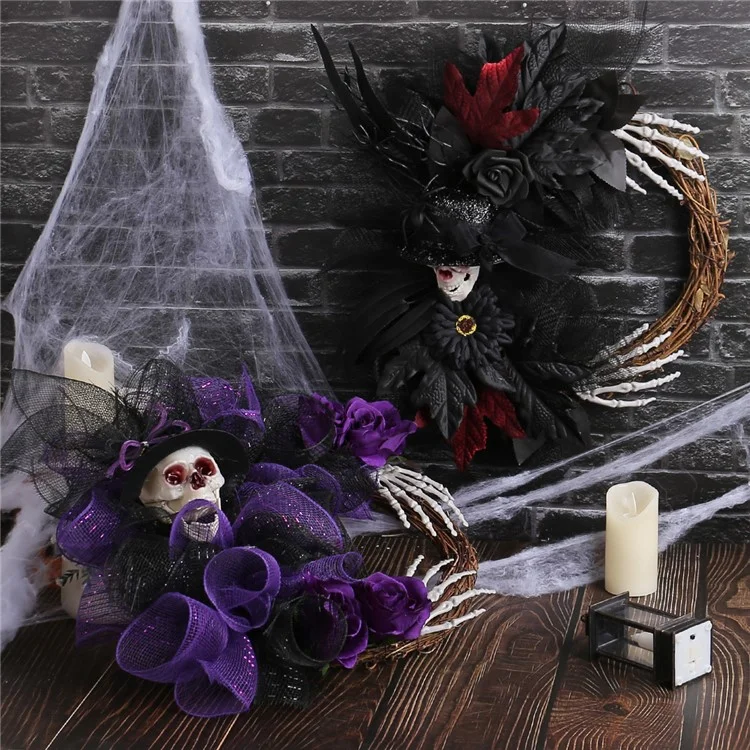 Party Skull Couronne de Squelette Obsédante Squelette Couronne de Couronne de Porte Halloween Decoration - Violet