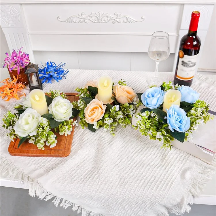 Romantic Artificial Rose Flower Ornament for Candle Holder Decoration Festival Centerpiece - Orange