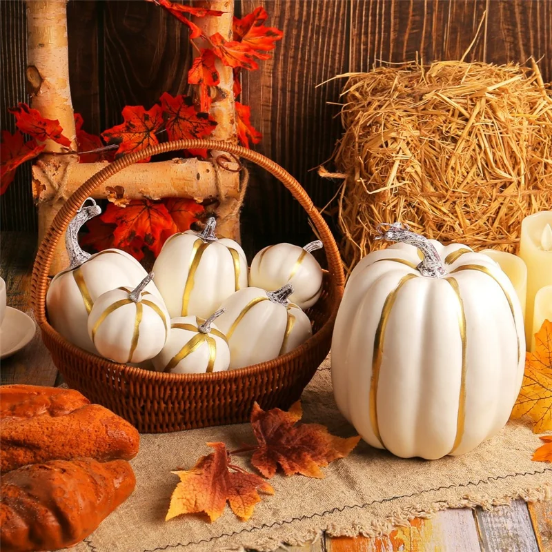 7PCS Foam Pumpkins Harvest Decoration Large Pumpkin Decor Thanksgiving Autumn Ornaments - White