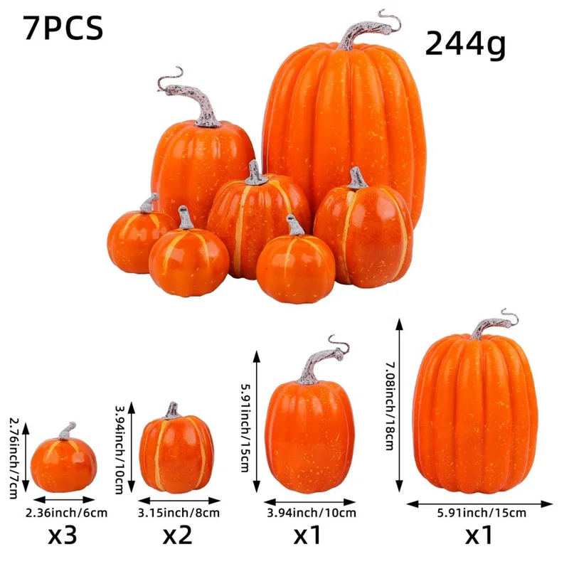7PCS Foam Pumpkins Harvest Decoration Gift Large Pumpkin Decor Thanksgiving Autumn Ornaments - Orange