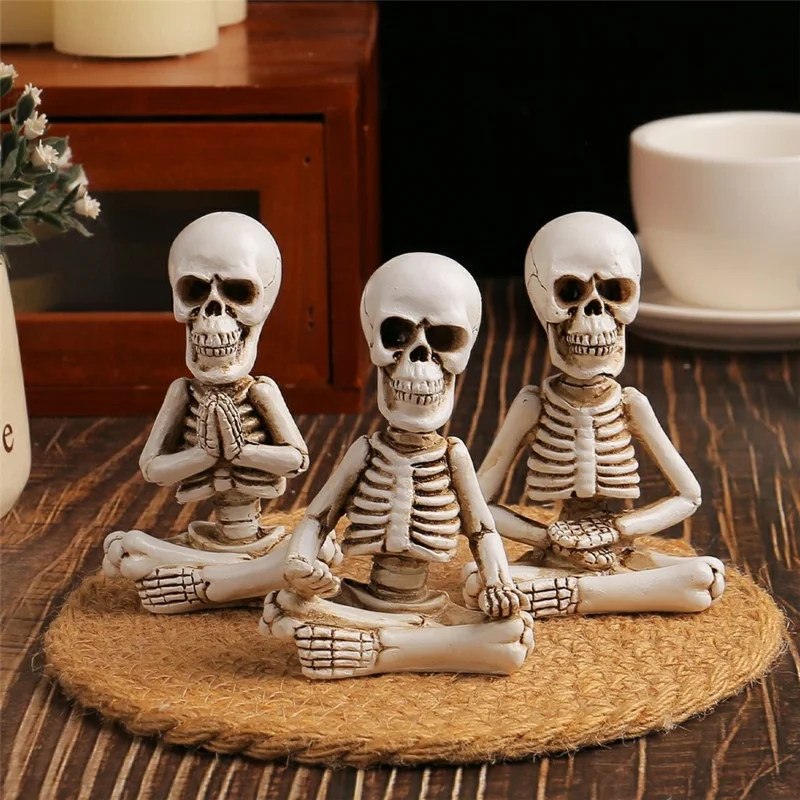 3 szt. Dekoracja na Halloween na biurko Zestaw Figurki Zazen Szkielet Dekoracje z Rezyny Mini Figurka Czaszki