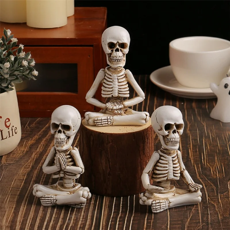 3 szt. Dekoracja na Halloween na biurko Zestaw Figurki Zazen Szkielet Dekoracje z Rezyny Mini Figurka Czaszki