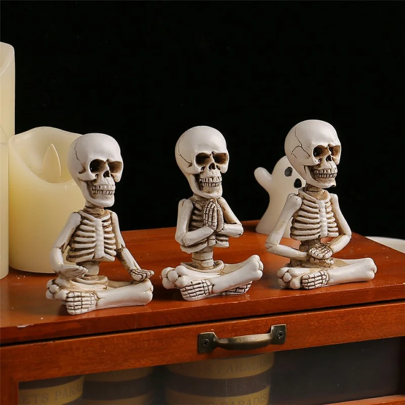 3 szt. Dekoracja na Halloween na biurko Zestaw Figurki Zazen Szkielet Dekoracje z Rezyny Mini Figurka Czaszki