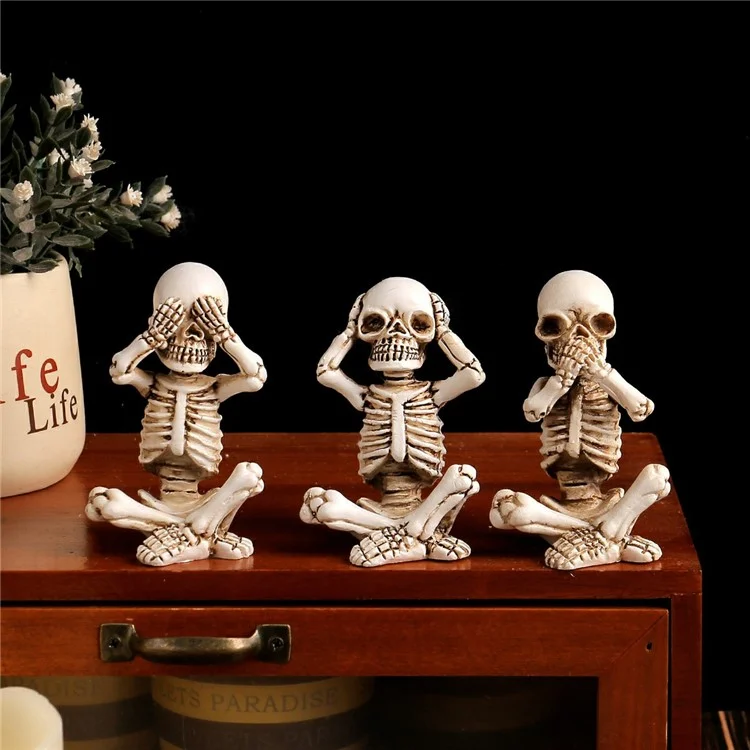 3PCS Halloween Mini Calavera Estatua Decoración de Escritorio Decoración de Resina Figuras Sentadas de Esqueleto