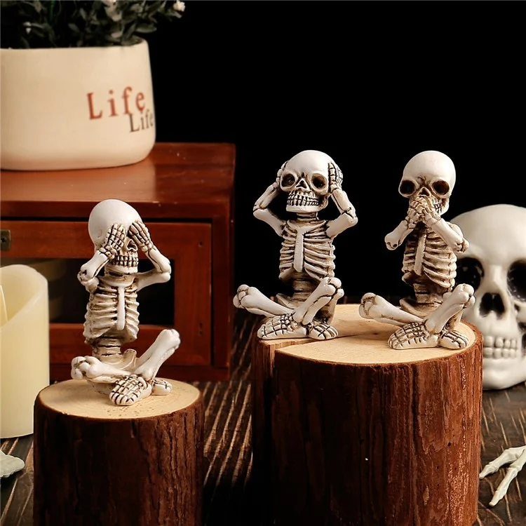 3PCS Halloween Mini Calavera Estatua Decoración de Escritorio Decoración de Resina Figuras Sentadas de Esqueleto
