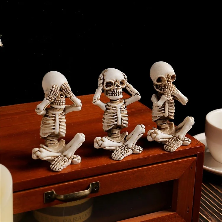 3PCS Halloween Mini Calavera Estatua Decoración de Escritorio Decoración de Resina Figuras Sentadas de Esqueleto