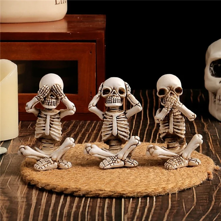 3PCS Halloween Mini Calavera Estatua Decoración de Escritorio Decoración de Resina Figuras Sentadas de Esqueleto