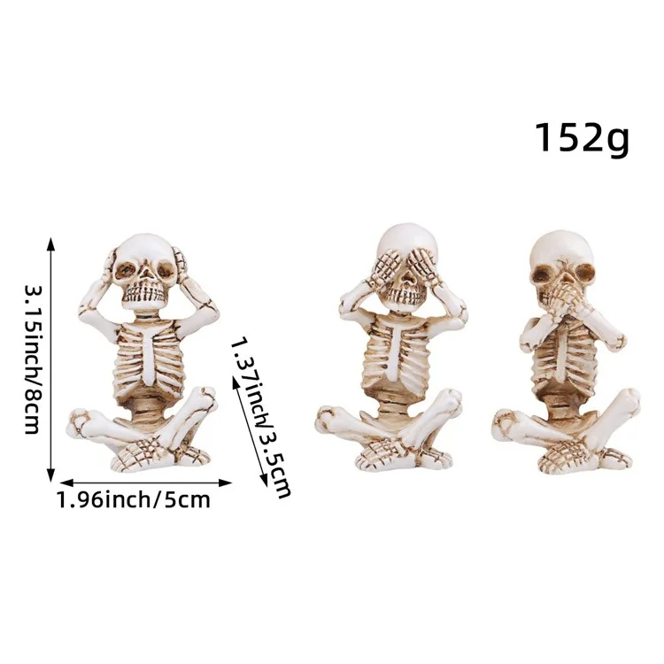 3PCS Halloween Mini Calavera Estatua Decoración de Escritorio Decoración de Resina Figuras Sentadas de Esqueleto