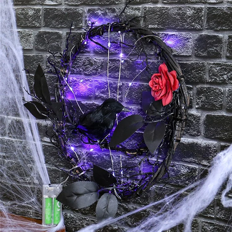 Halloween Wreath Decoration Home Front Door Purple Light Crow Wreath with Red Rose and Branches