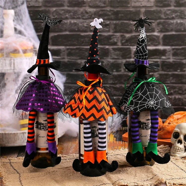 JJ3-8 Halloween Wine Bottle Capa Hat de Bruxa Longa Manga de Banganha de Vinho de Pernas - Amarelo
