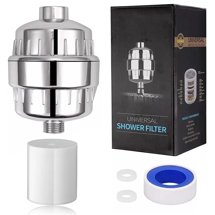 Filtre à eau pour salle de bain en 15 étapes, élimine le chlore et les métaux lourds, avec tête de douche filtrante et 1 filtre