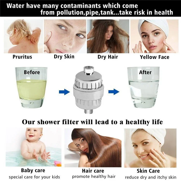 Filtre à eau pour salle de bain en 15 étapes, élimine le chlore et les métaux lourds, avec tête de douche filtrante et 1 filtre