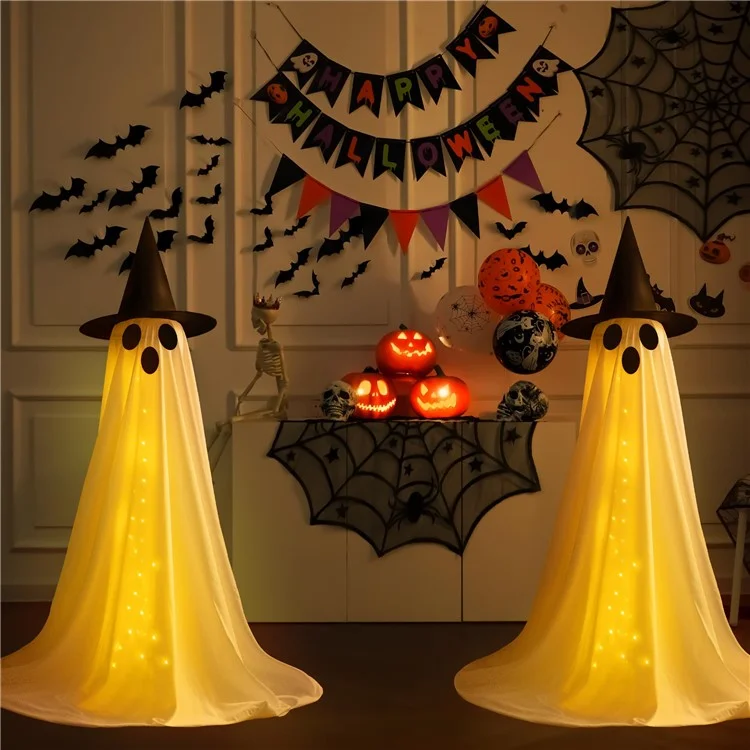 Décoration de Fantômes Extérieurs D'halloween Avec Lumières à Cordes, Hauteur Réglable Pour la Porte D'entrée, le Porche et la Cour