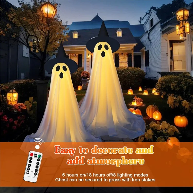 2 pièces Décoration d'extérieur de fantôme d'Halloween avec guirlande lumineuse, hauteur réglable pour la porte d'entrée, le porche et le jardin
