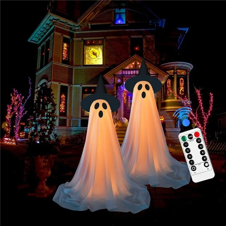 2 pièces Décoration d'extérieur de fantôme d'Halloween avec guirlande lumineuse, hauteur réglable pour la porte d'entrée, le porche et le jardin