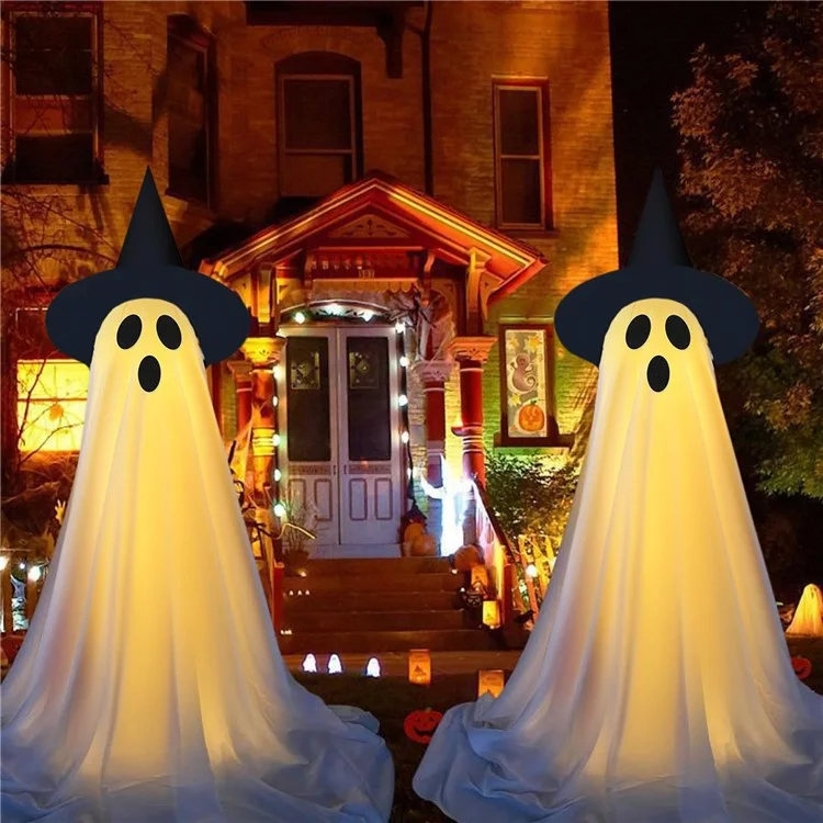 2 pièces Décoration d'extérieur de fantôme d'Halloween avec guirlande lumineuse, hauteur réglable pour la porte d'entrée, le porche et le jardin