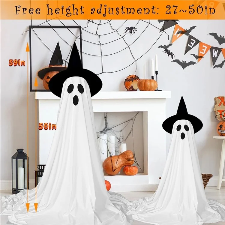 2 pièces Décoration d'extérieur de fantôme d'Halloween avec guirlande lumineuse, hauteur réglable pour la porte d'entrée, le porche et le jardin