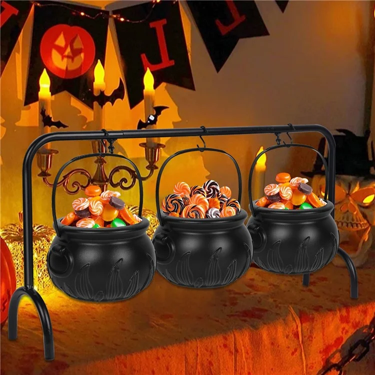 Halloween Decor 3 Sets Witches Cauldron Serving Bowls on Rack Black Plastic Candy Bucket for Home Kitchen