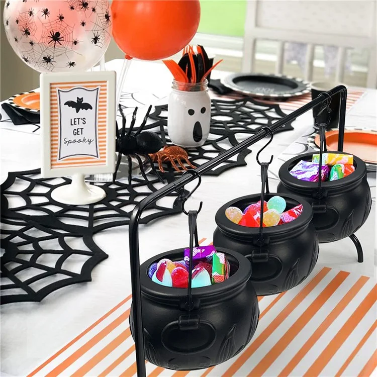 Halloween Decor 3 Sets Witches Cauldron Serving Bowls on Rack Black Plastic Candy Bucket for Home Kitchen