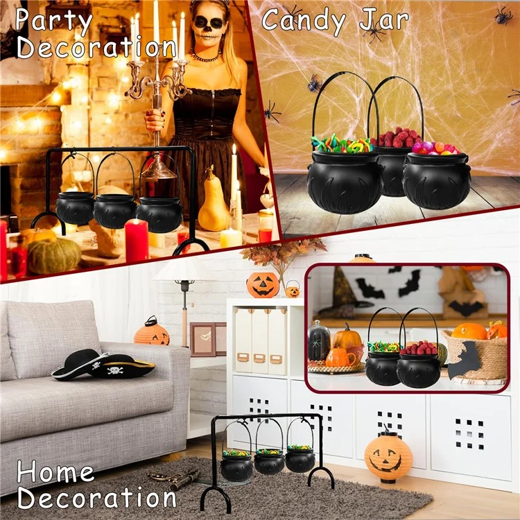 Halloween Decor 3 Sets Witches Cauldron Serving Bowls on Rack Black Plastic Candy Bucket for Home Kitchen