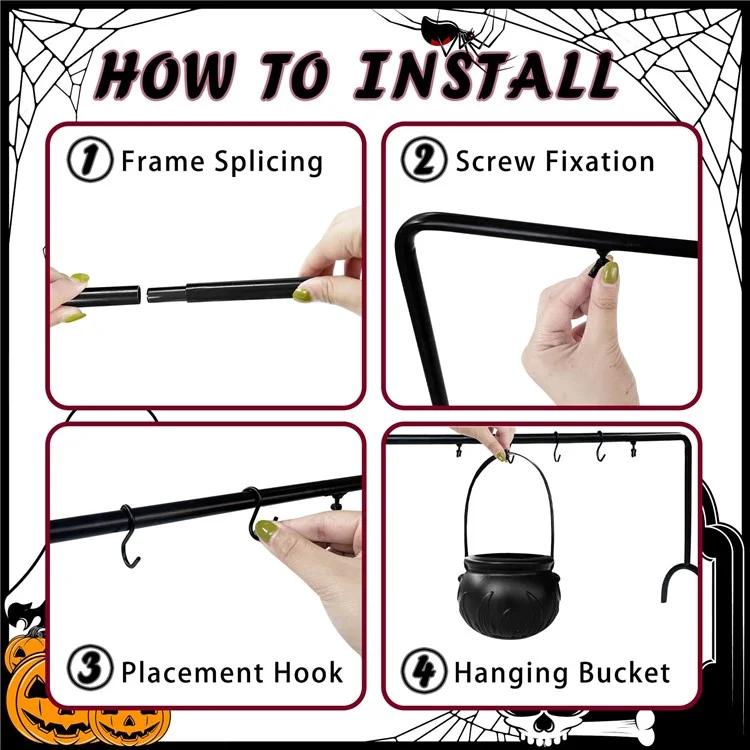 Halloween Decor 3 Sets Witches Cauldron Serving Bowls on Rack Black Plastic Candy Bucket for Home Kitchen