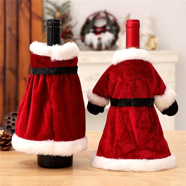 Velvet Wine Bottle Cover Santa Red Wine Bottle Sweater Cover with Belt Set for Christmas Party - Dress
