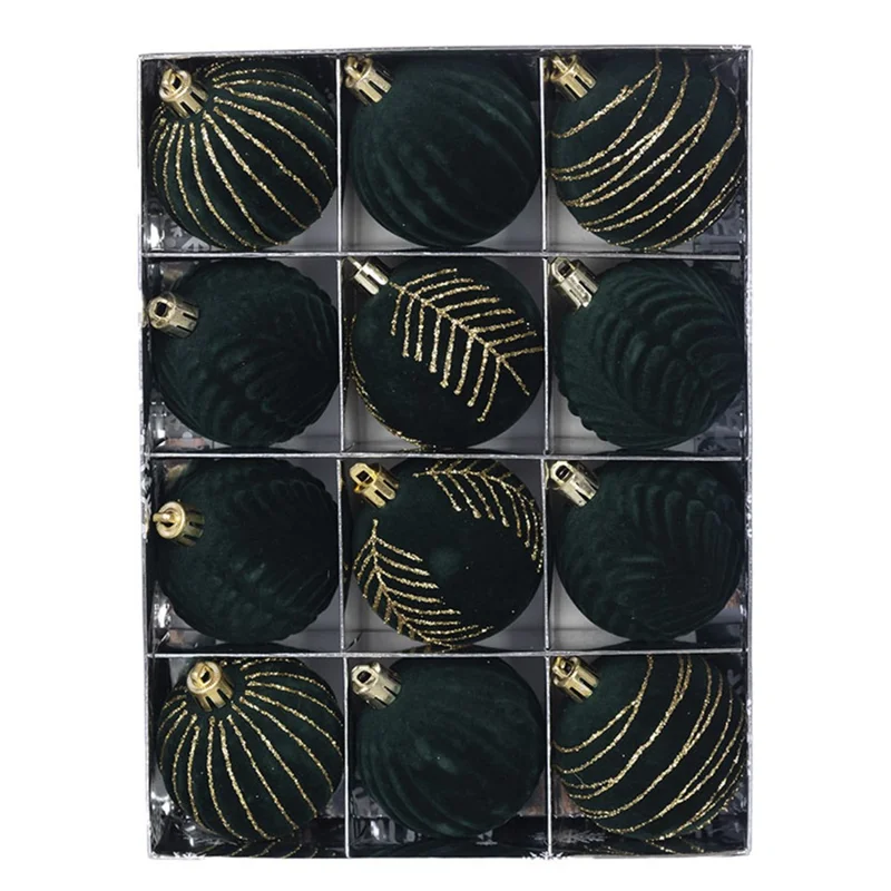 12PCS Christmas Decorations 6cm Boxed Electroplated Flocked Christmas Ball Set Christmas Tree Pendants - Blackish Green