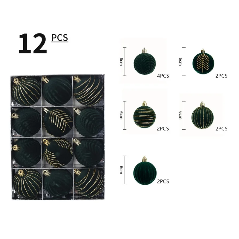 12PCS Christmas Decorations 6cm Boxed Electroplated Flocked Christmas Ball Set Christmas Tree Pendants - Blackish Green