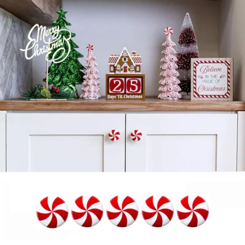 5PCS Christmas Silicone Red and White Candy Cabinet Handle Covers Christmas Decorations for Kitchen, Living Room and Bedroom Cabinets