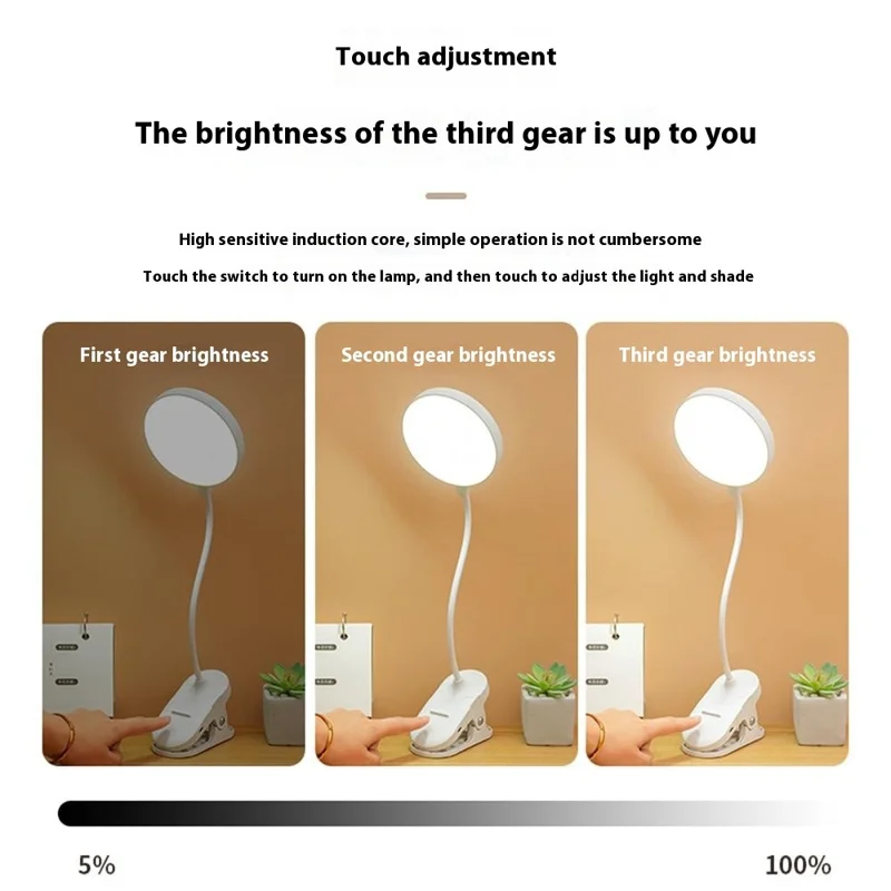 Plug-In Powered Clip Base LED Reading Light 3-Gear Brightness Home Dormitory Table Lamp