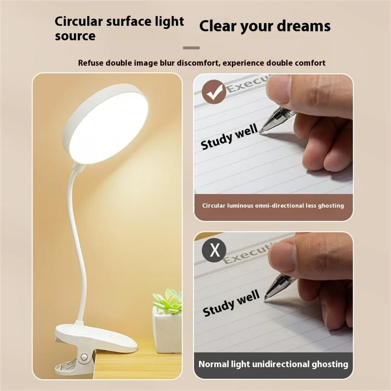 Plug-In Powered Clip Base LED Reading Light 3-Gear Brightness Home Dormitory Table Lamp