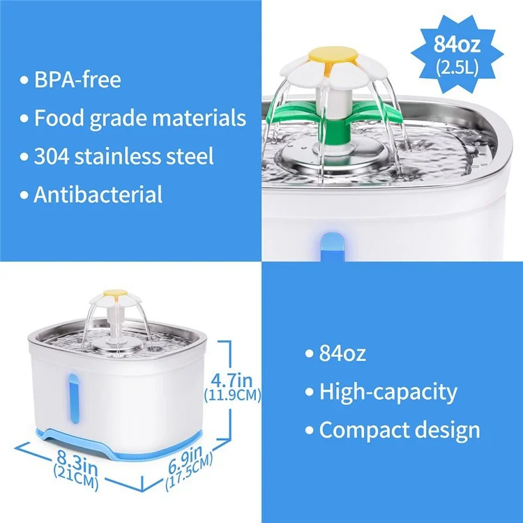2.5L Oval Aço Inoxidável Distribuidor de Água Para Animais de Estimação Automático Cão de Gato Água Bebendo Fonte - Azul