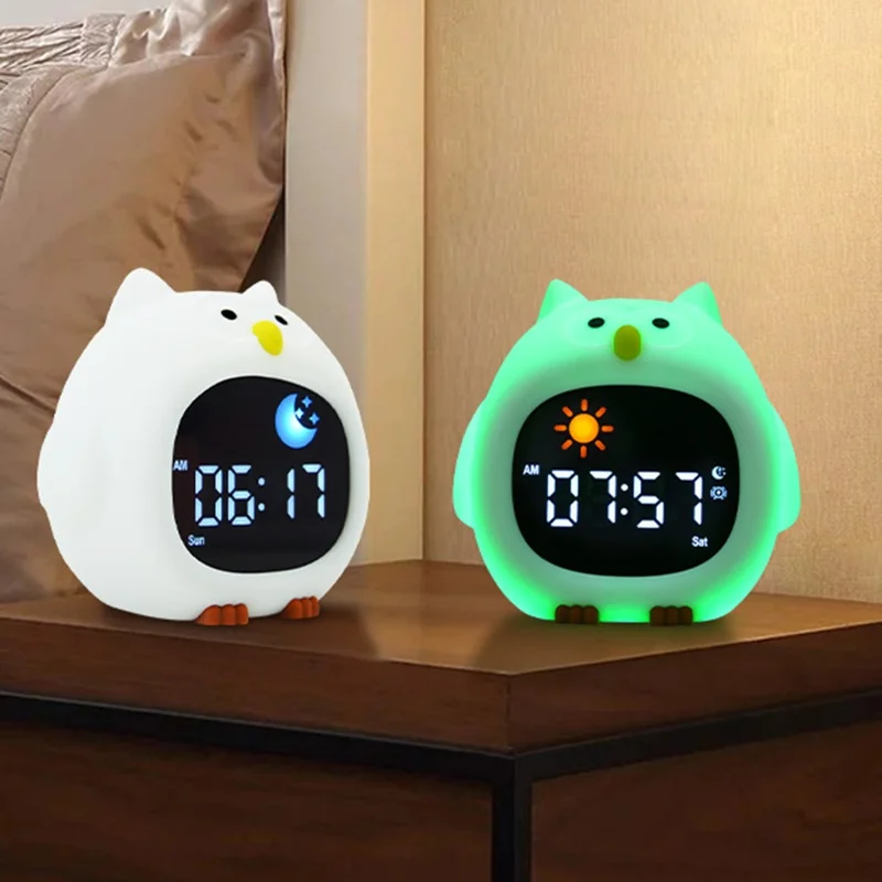JL-825 Cartoon Owl Shape White Noise Alarm Clock Sleep Bedside Lamp Tap Control Night Light