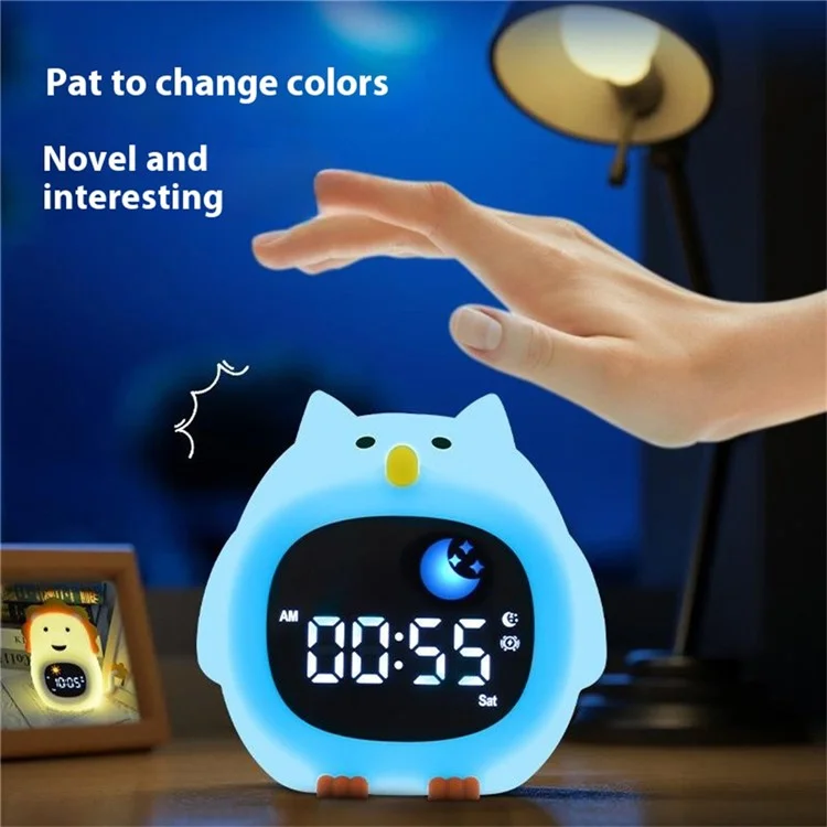 JL-825 Cartoon Owl Shape White Noise Alarm Clock Sleep Bedside Lamp Tap Control Night Light