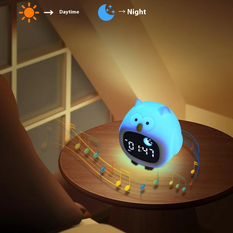 JL-825 Cartoon Owl Shape White Noise Alarm Clock Sleep Bedside Lamp Tap Control Night Light