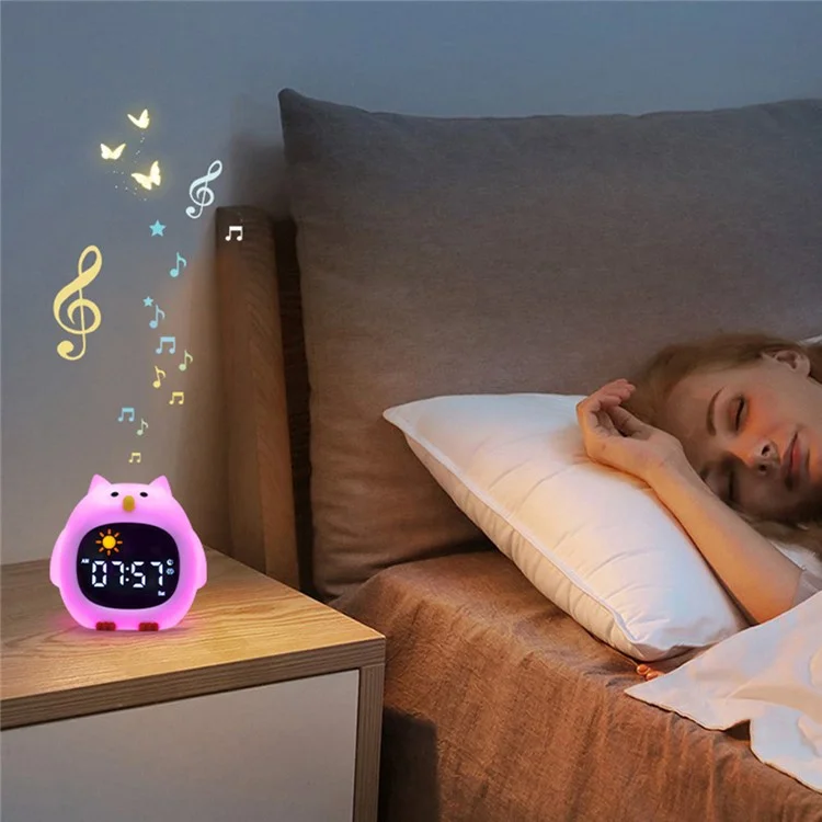 JL-825 Cartoon Owl Shape White Noise Alarm Clock Sleep Bedside Lamp Tap Control Night Light