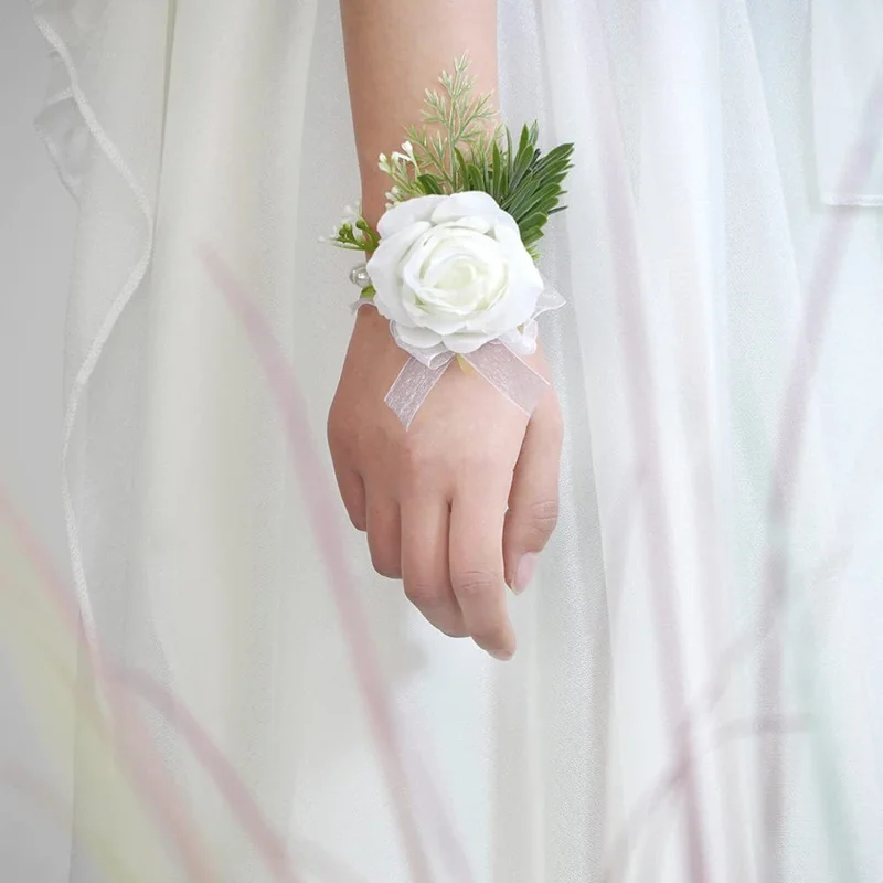 Simulated Rose Handmade Silk Flower Bride Bridemaid Corsage / Wrist Flower for Wedding Party - Milky White Corsage