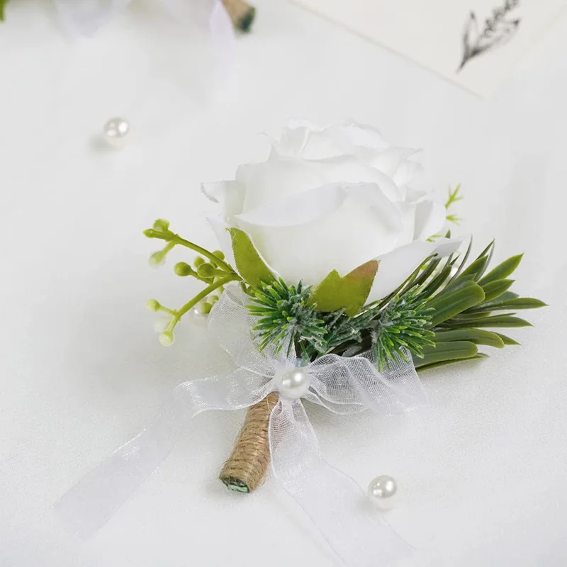 Simulated Rose Handmade Silk Flower Bride Bridemaid Corsage / Wrist Flower for Wedding Party - Milky White Corsage
