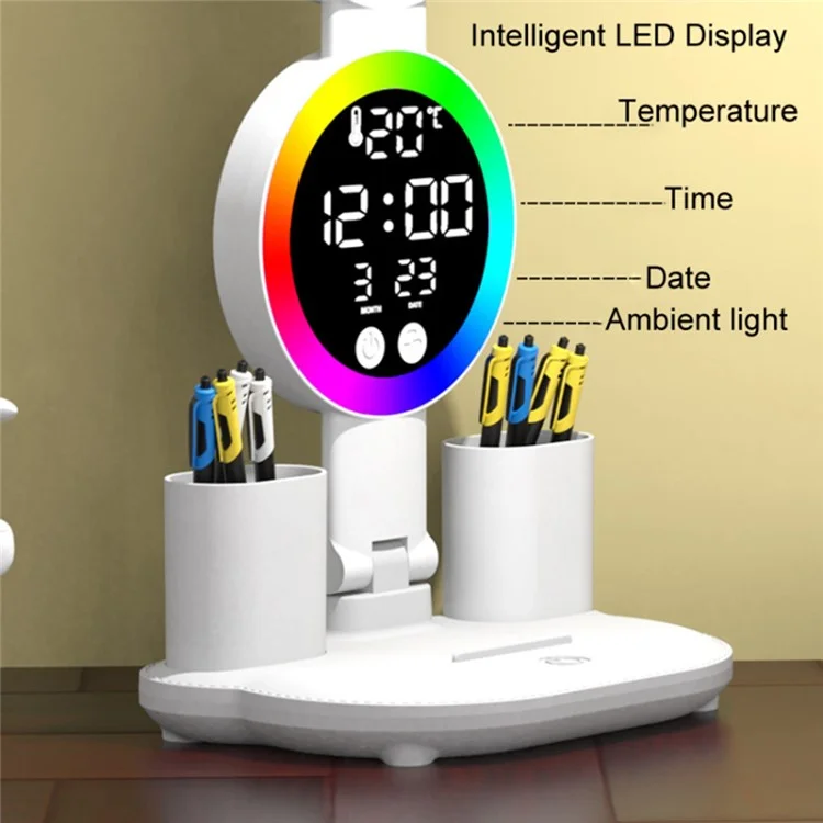 Touch 3 Modes LED Eye Protection Desk Lamp Clock Pen Holder Desk Lamp, USB Cable Powered