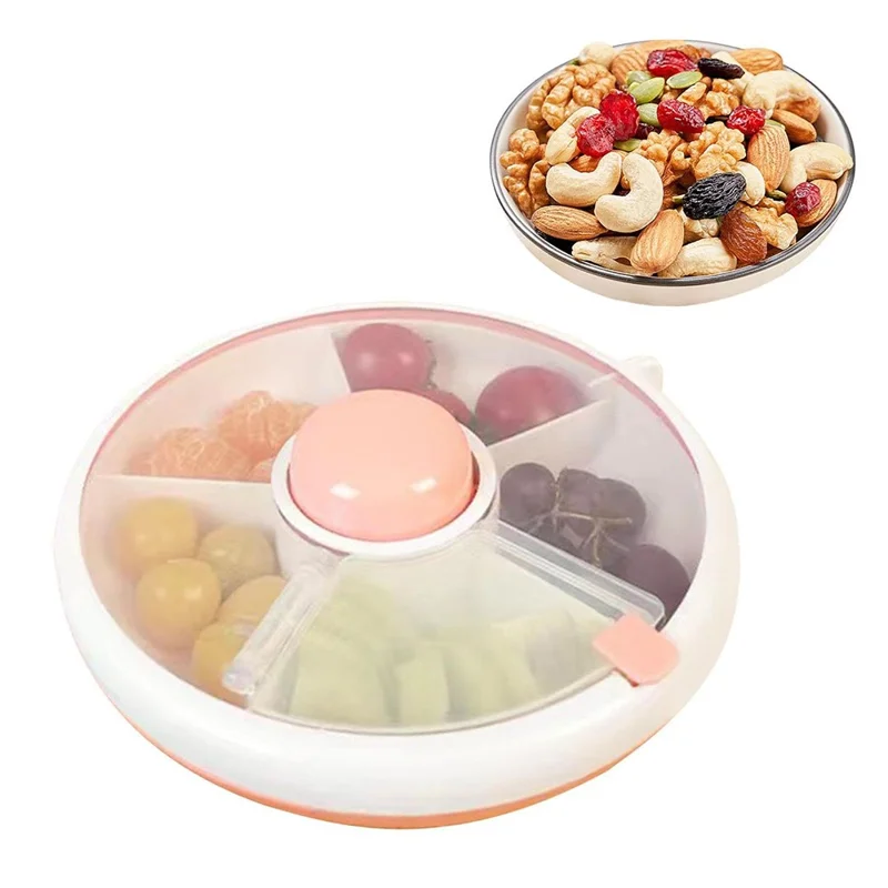 Rotating Snackle Storage Box Container 5 Grid Divided Rotating Serving Tray with Lid for Picnics, Camping - Pink