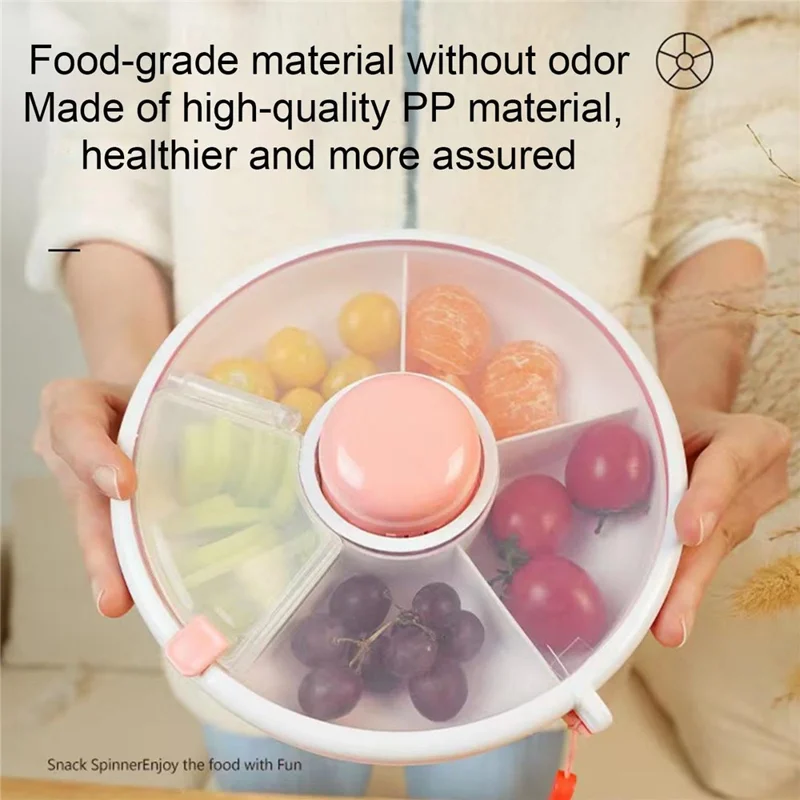 Rotating Snackle Storage Box Container 5 Grid Divided Rotating Serving Tray with Lid for Picnics, Camping - Pink