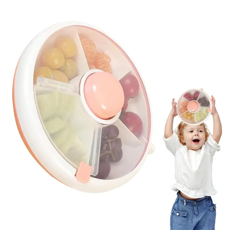 Rotating Snackle Storage Box Container 5 Grid Divided Rotating Serving Tray with Lid for Picnics, Camping - Pink