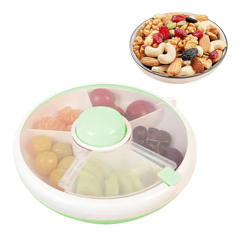 Rotating Snackle Storage Box Container 5 Grid Divided Rotating Serving Tray with Lid for Picnics, Camping - Green