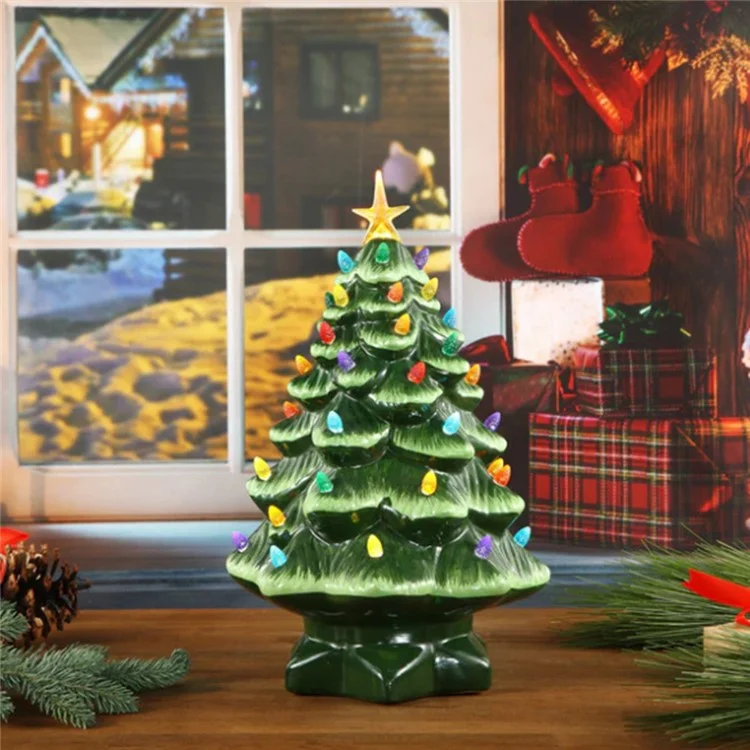 10 cm D'ornements D'arbre de Noël LED Resin Décorations de Noël de Table Avec Des Lumières Multicolores - Vert
