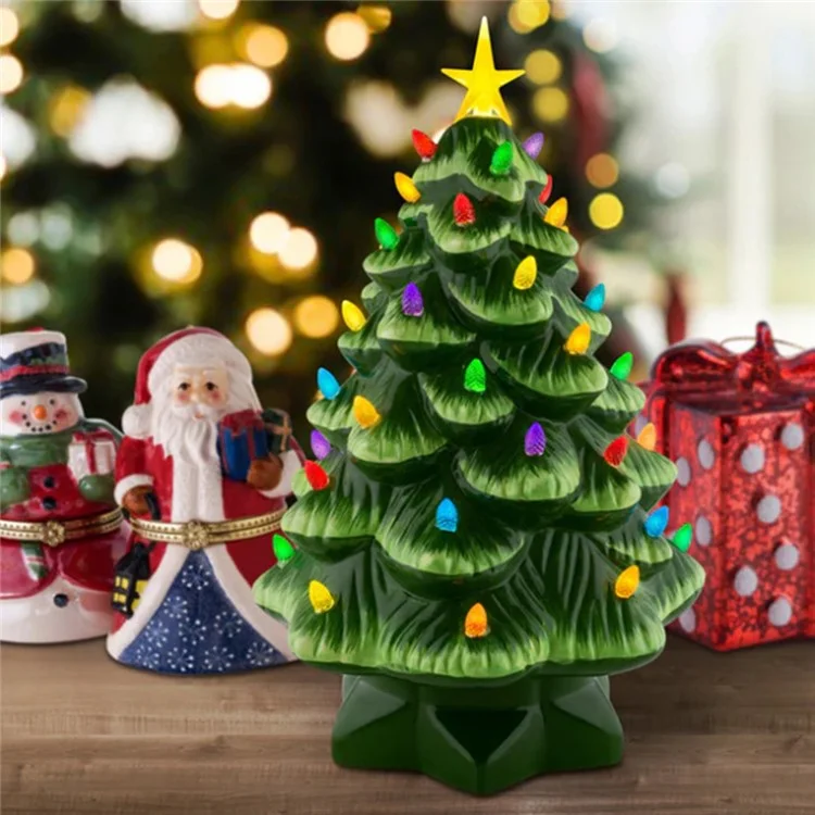 10 cm D'ornements D'arbre de Noël LED Resin Décorations de Noël de Table Avec Des Lumières Multicolores - Vert