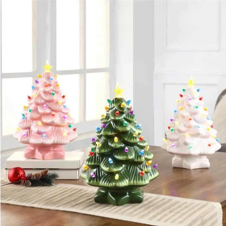 10 cm D'ornements D'arbre de Noël LED Resin Décorations de Noël de Table Avec Des Lumières Multicolores - Vert