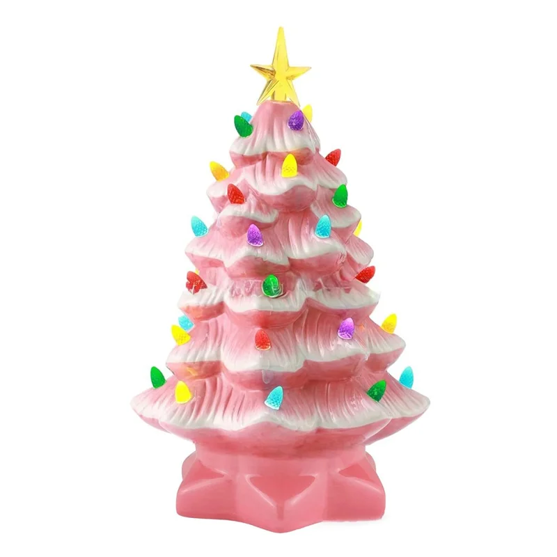 10cm LED Christmas Tree Ornaments Resin Tabletop Christmas Decorations with Multicolored Lights - Pink